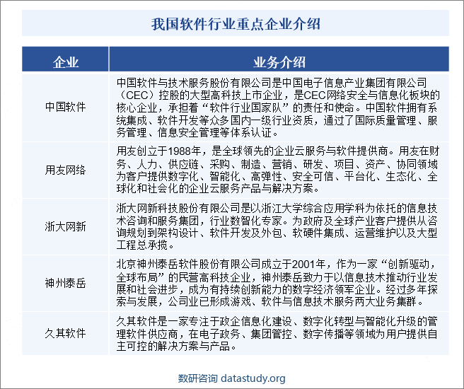 随着中国逐渐成为全球软件企业关注的重心，中国软件市场的竞争日趋激烈。中国不但已经成为全球重要的软件制造中心，同时也逐渐步入全球软件研发中心的角色。在众多跨国软件企业与本土企业逐鹿市场的同时，仍然不断有新的软件企业加入到竞争的行列，使得市场竞争的队伍不断扩大。中国软件行业重点企业有中国软件与技术服务股份有限公司、用友网络科技股份有限公司、浙大网新科技股份有限公司、北京神州泰岳软件股份有限公司、北京久其软件股份有限公司等。我国软件行业重点企业介绍