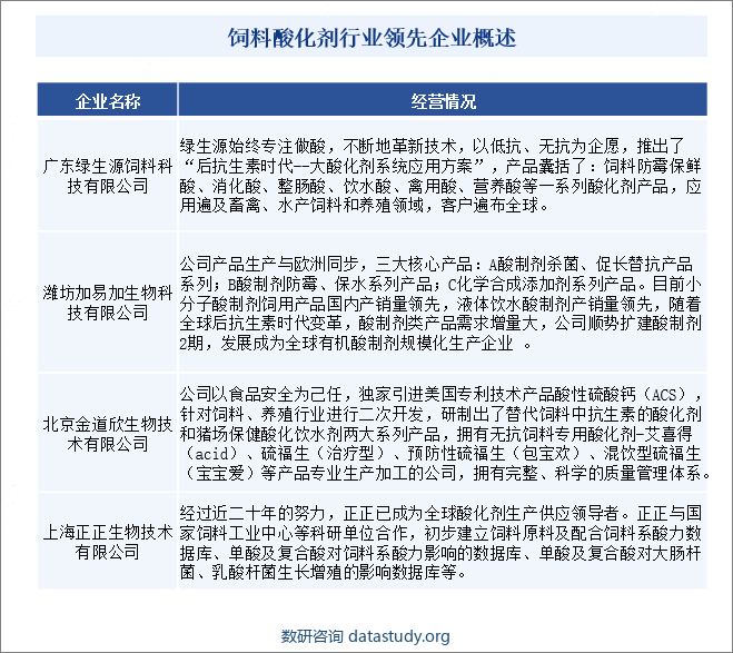 饲料酸化剂行业领先企业概述