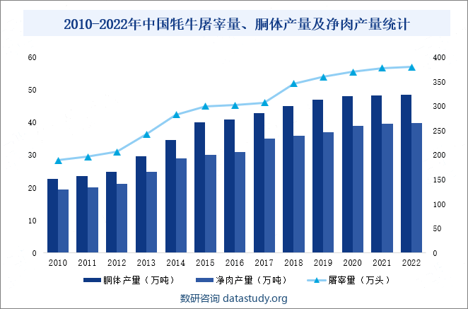 2010-2022年中国牦牛屠宰量、胴体产量及净肉产量统计 