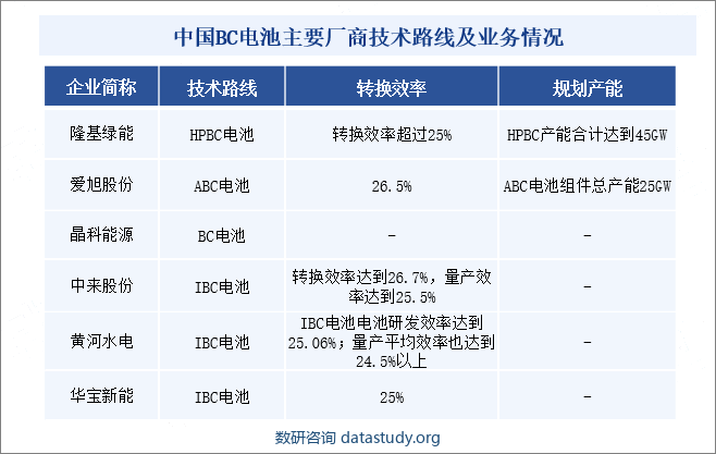 中国BC电池主要厂商技术路线及业务情况