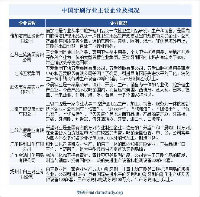 中国牙刷行业主要企业及概况