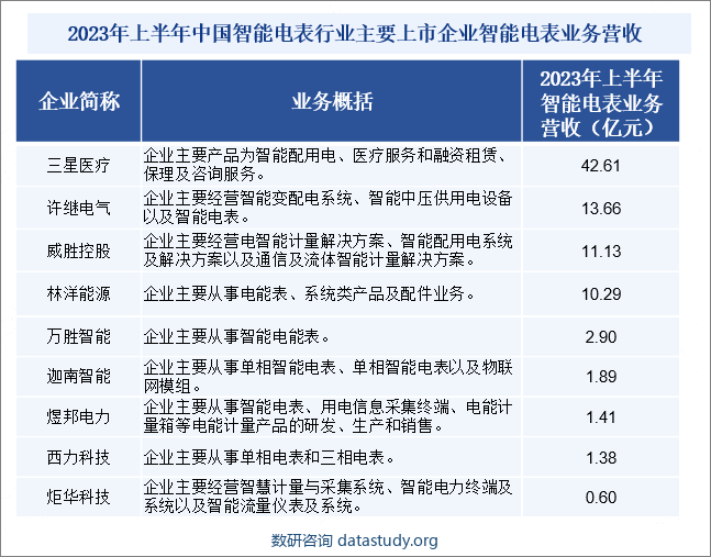 目前国内智能电表产品市场参与者较多，市场化程度较高，市场竞争较为激烈。当前我国智能电表行业主要上市企业有三星医疗、许继电气、威胜控股、林洋能源、万胜智能、迦南智能、煜邦电力、西力科技等。从上市企业营收来看，2023年上半年，三星医疗、许继电气、威胜控股智能电表业务营收分别为42.61亿元、13.66亿元和11.13亿元。2023年上半年中国智能电表行业主要上市企业智能电表业务营收