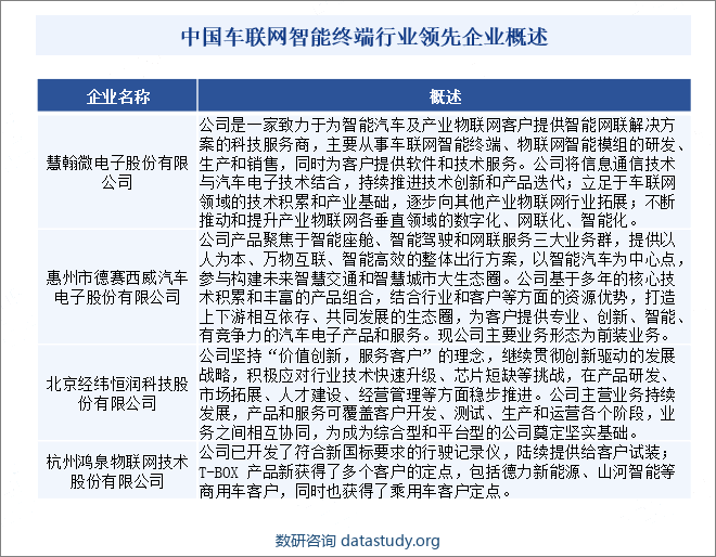 中国车联网智能终端行业领先企业概述