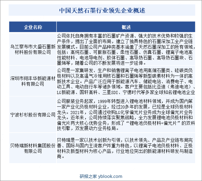 中国天然石墨行业领先企业概述