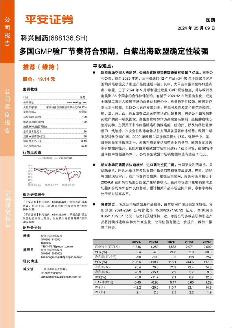 《科兴制药(688136)多国GMP验厂节奏符合预期，白紫出海欧盟确定性较强-240509-平安证券-16页》 - 第1页预览图