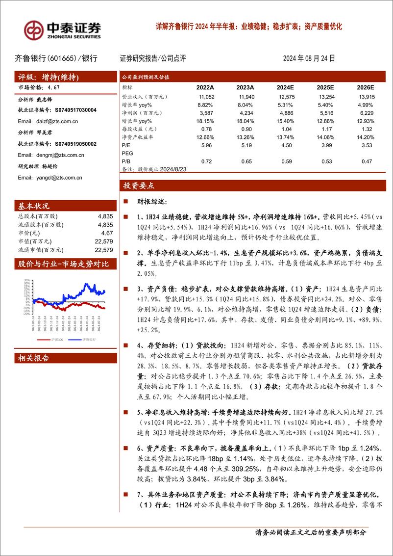 《齐鲁银行(601665)详解齐鲁银行2024年半年报：业绩稳健；稳步扩表；资产质量优化-240824-中泰证券-15页》 - 第1页预览图