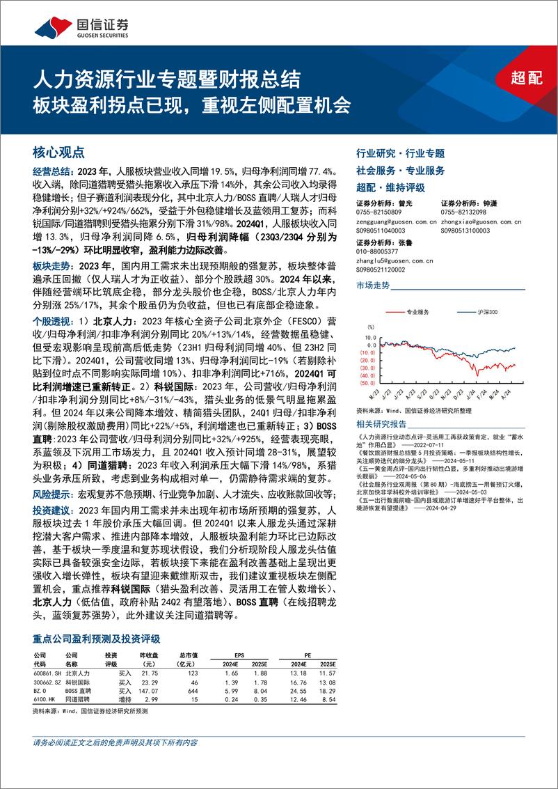 《人力资源行业专题暨财报总结：板块盈利拐点已现，重视左侧配置机会-240512-国信证券-16页》 - 第1页预览图