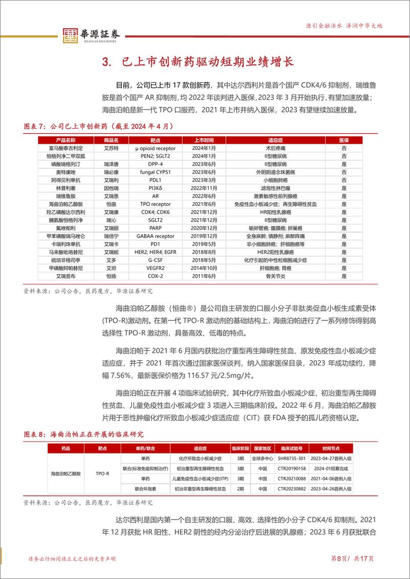 《恒瑞医药-600276.SH-迈入新一轮新药兑现期，国际化持续提速-20240414-华源证券-17页》 - 第8页预览图