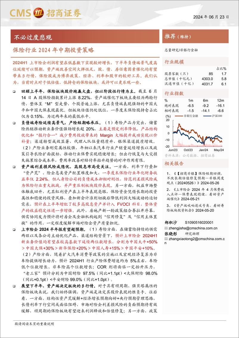 《保险行业2024年中期投资策略：不必过度悲观-240623-招商证券-18页》 - 第1页预览图