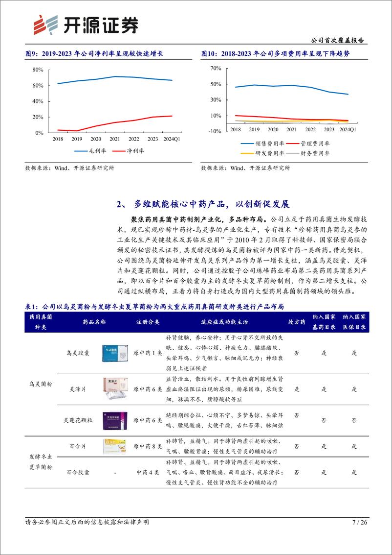 《佐力药业(300181)公司首次覆盖报告：乌灵%2b百令双轮驱动，打造国内药用真菌制药领头雁-240717-开源证券-26页》 - 第6页预览图