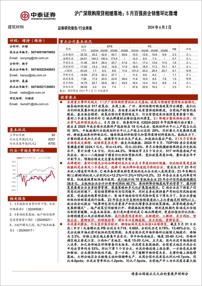 《建筑材料行业：沪广深限购限贷相继落地；5月百强房企销售环比微增-240602-中泰证券-19页》 - 第1页预览图