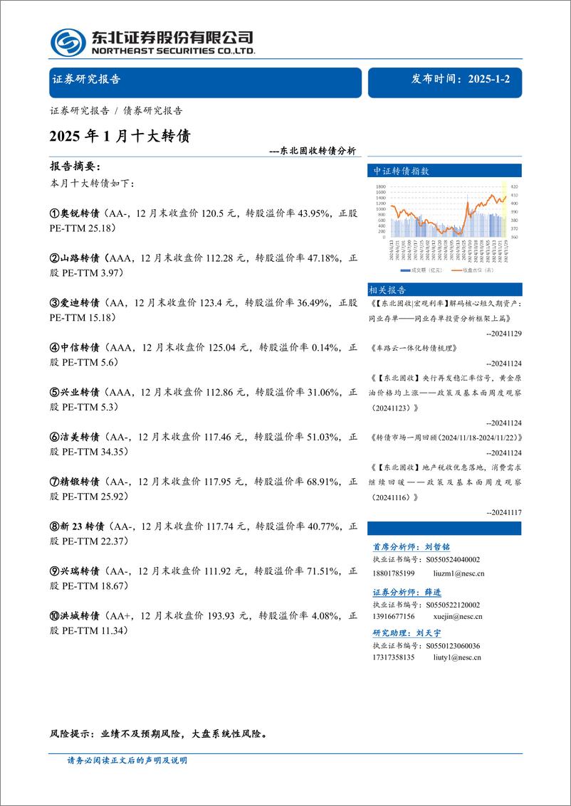 《东北固收转债分析：2025年1月十大转债-250102-东北证券-28页》 - 第1页预览图