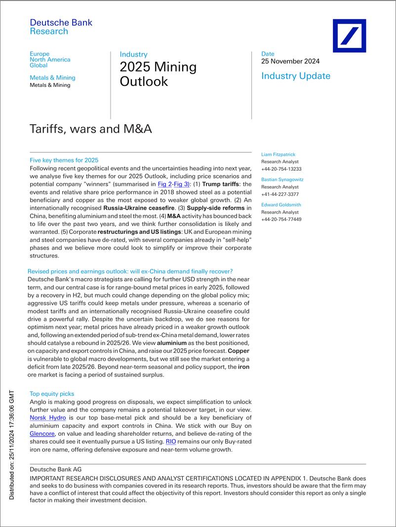 《Deutsche Bank-2025 Mining Outlook Tariffs, wars and MA-111794816》 - 第1页预览图