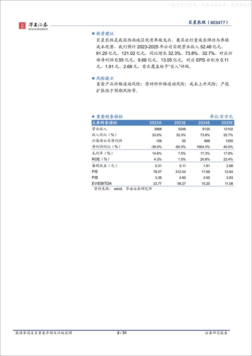 《华安证券-巨星农牧(603477)西南地区生猪养殖龙头，成本优势与成长弹性兼顾-230628》 - 第2页预览图