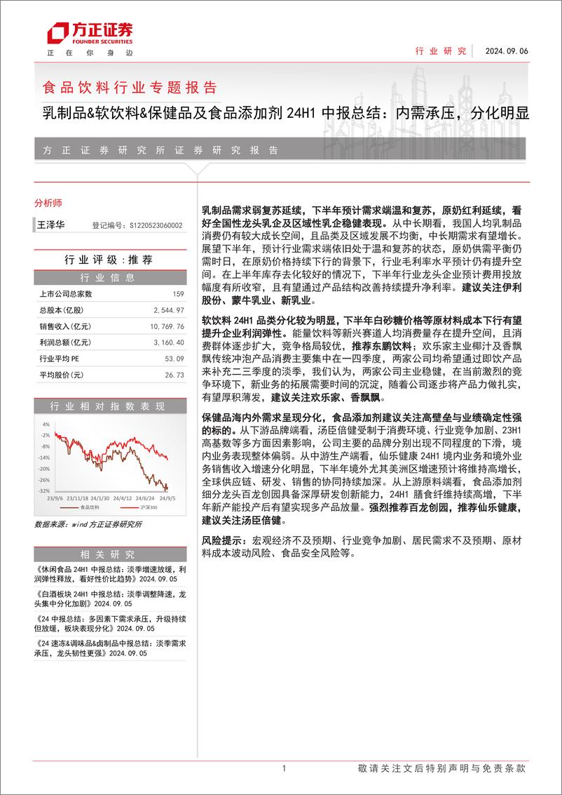 《食品饮料行业专题报告-乳制品%26软饮料%26保健品及食品添加剂24H1中报总结：内需承压，分化明显-240906-方正证券-10页》 - 第1页预览图