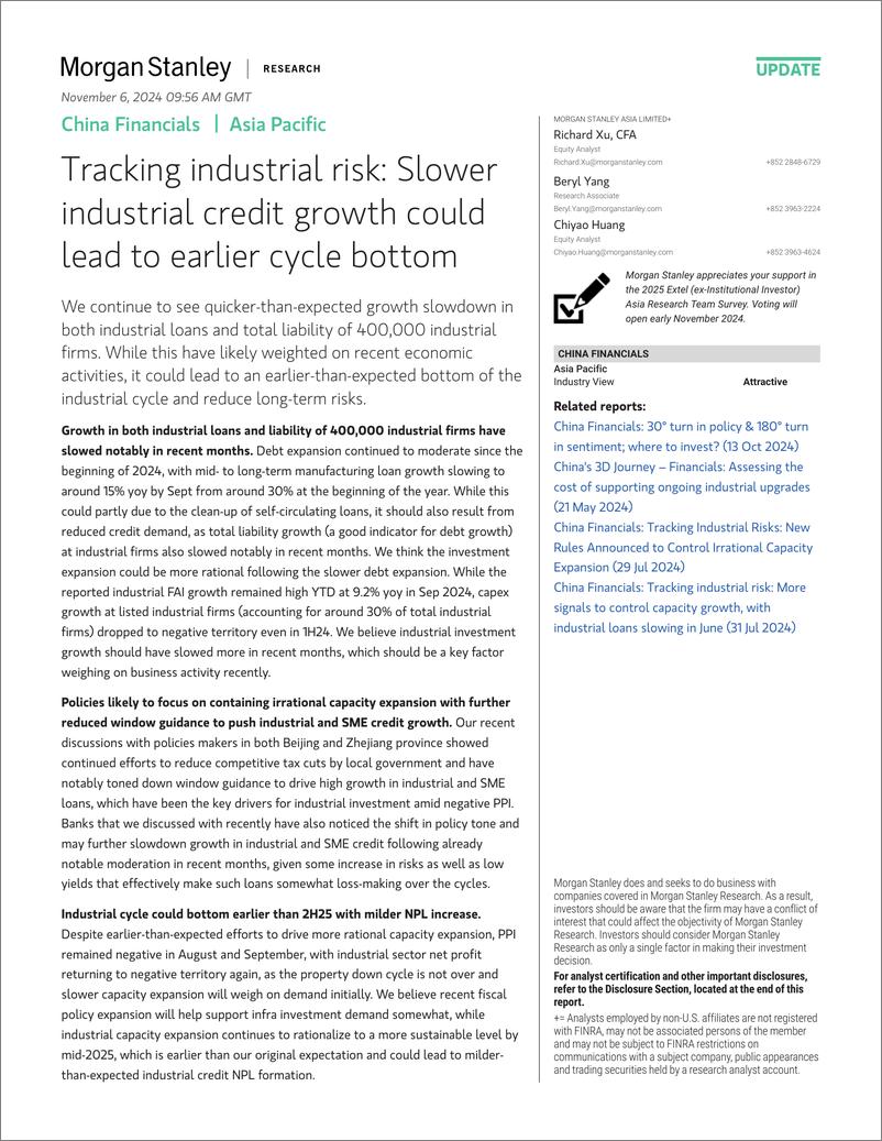 《Morgan Stanley-China Financials Tracking industrial risk Slower industria...-111395523》 - 第1页预览图