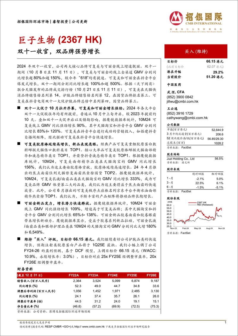 《巨子生物(2367.HK)双十一收官，双品牌强势增长-241114-招银国际-11页》 - 第1页预览图