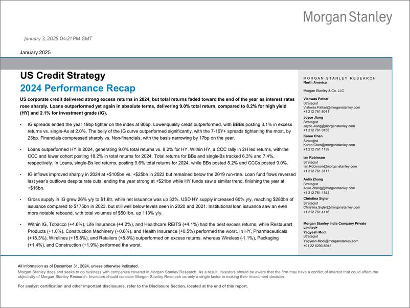 《Morgan Stanley Fixed-US Credit Strategy 2024 Performance Recap-112595710》 - 第1页预览图