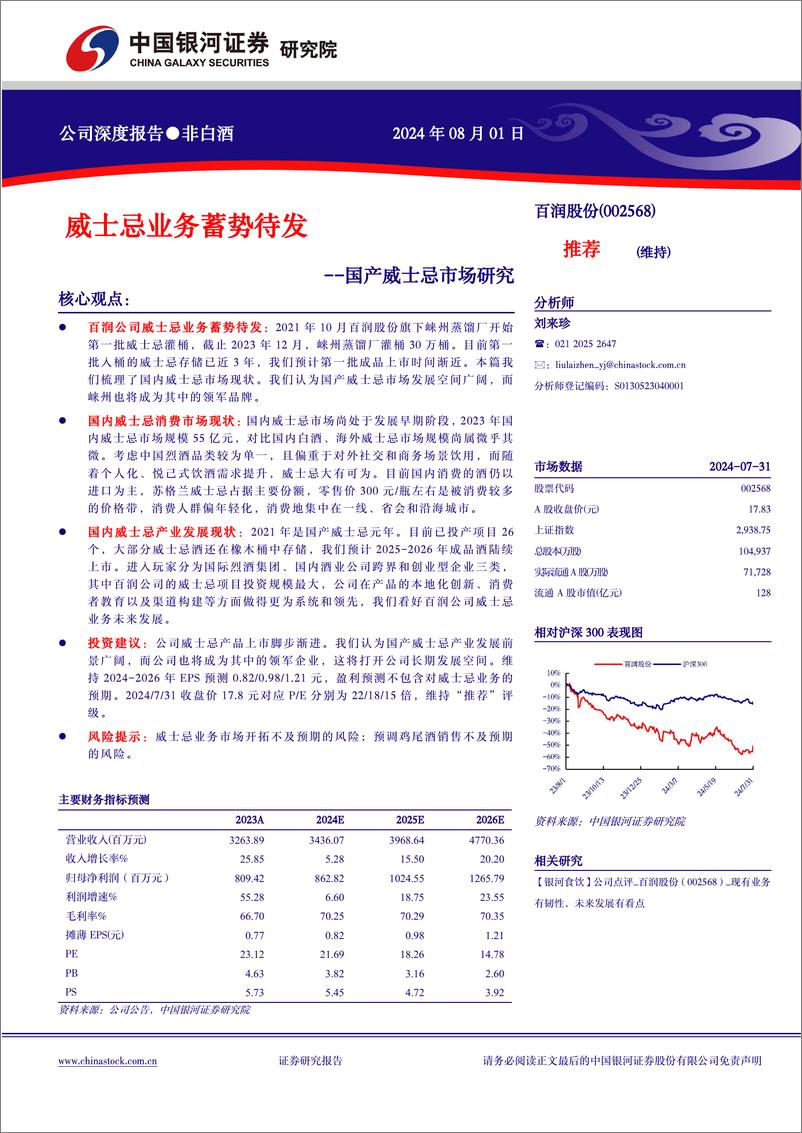 《百润股份(002568)国产威士忌市场研究：威士忌业务蓄势待发-240801-银河证券-22页》 - 第1页预览图