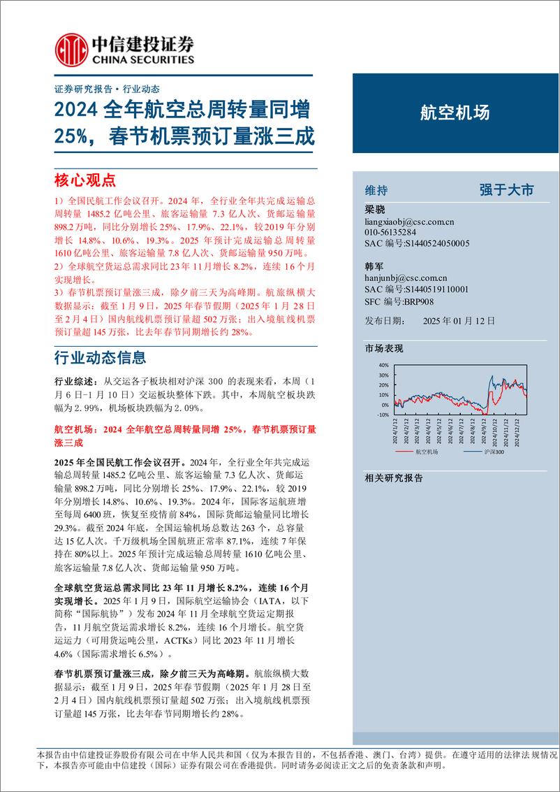 《航空机场行业动态：2024全年航空总周转量同增25%25，春节机票预订量涨三成-250112-中信建投-20页》 - 第1页预览图