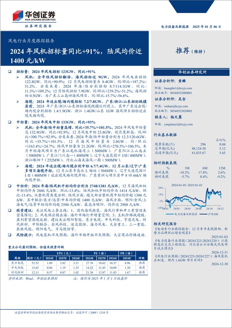 《风电行业月度跟踪报告：2024年风机招标量同比%2b91%25，陆风均价近1400元／kW-250106-华创证券-10页》 - 第1页预览图