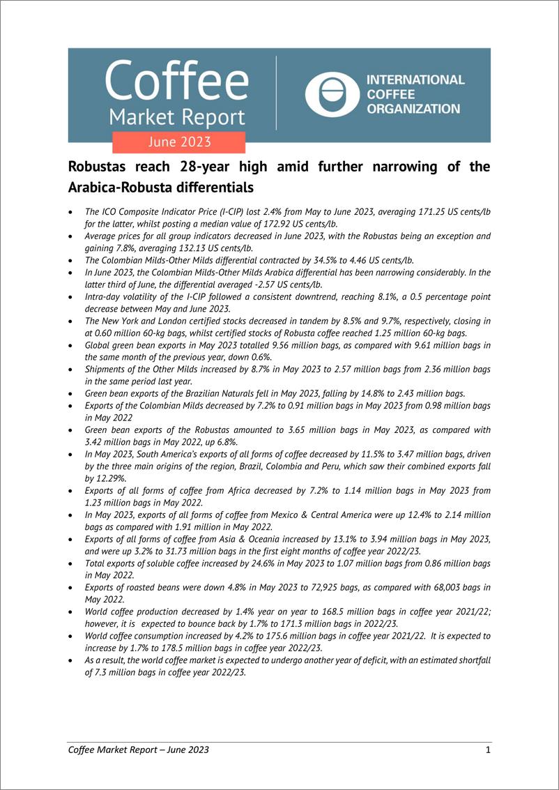 《ICO国际咖啡组织：2023年6月全球咖啡市场报告（英文版）》 - 第1页预览图