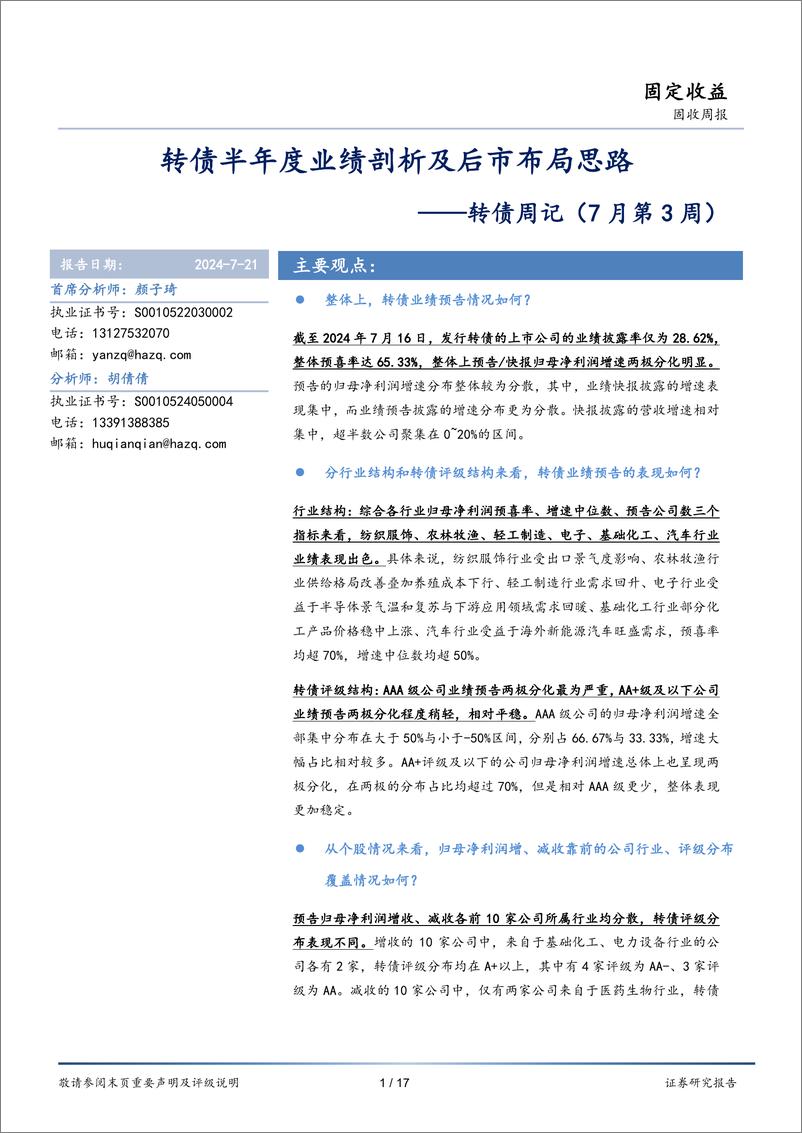 《转债：转债半年度业绩剖析及后市布局思路-240721-华安证券-17页》 - 第1页预览图