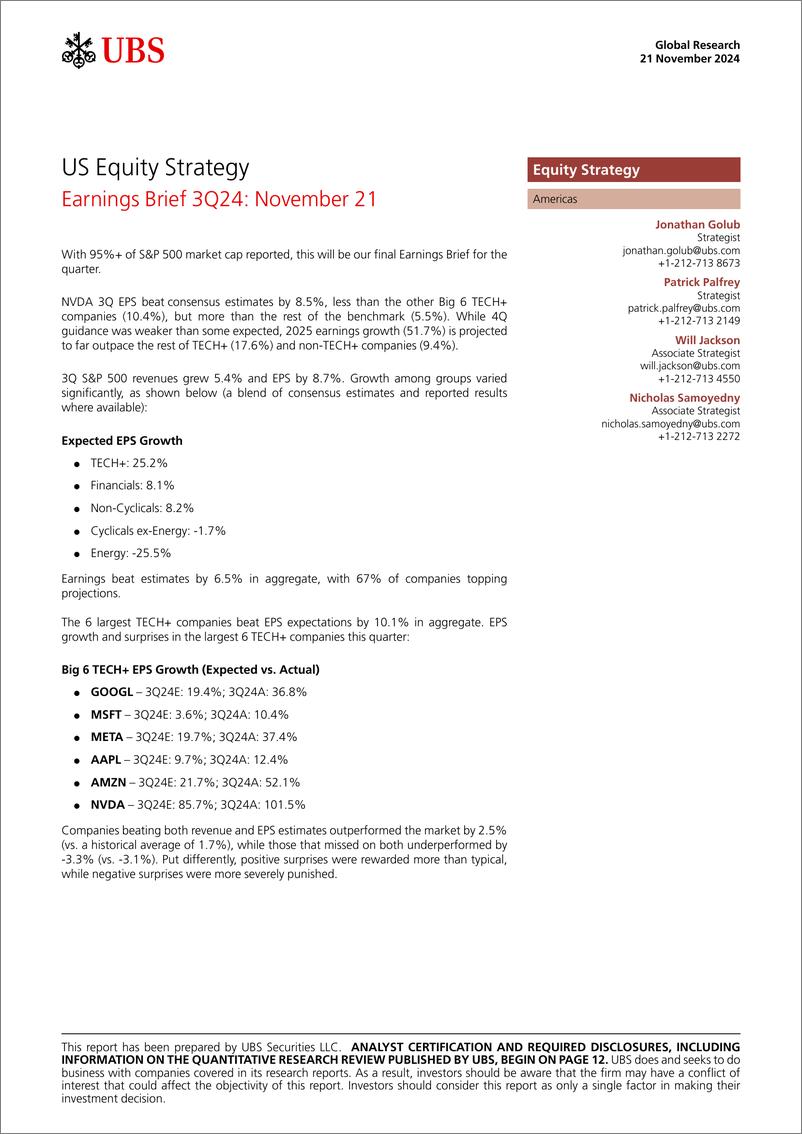 《UBS Equities-US Equity Strategy _Earnings Brief 3Q24 November 21_ Golub-111730703》 - 第1页预览图