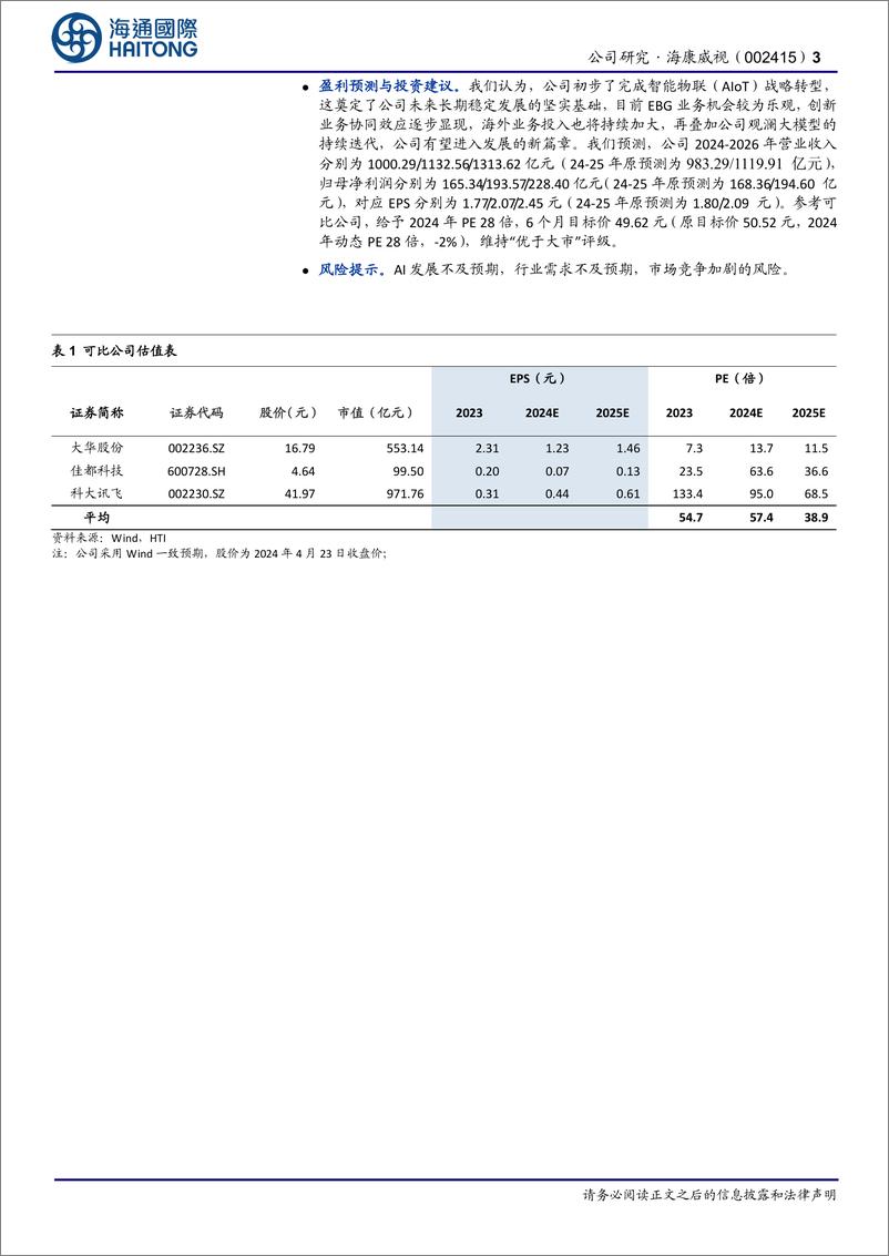 《海康威视-002415.SZ-公司年报点评：初步完成AIoT战略转型，24年归母净利润目标160-170亿-20240424-海通国际-12页》 - 第3页预览图