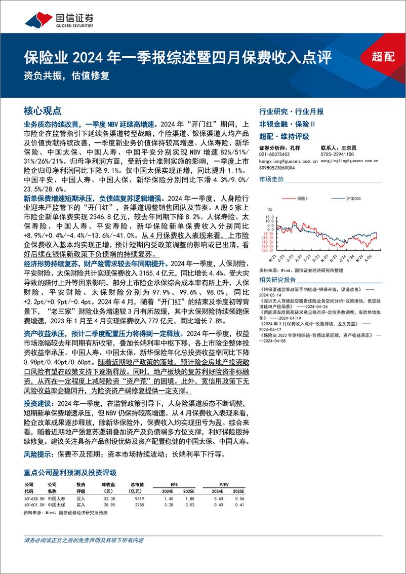 《保险业2024年一季报综述暨四月保费收入点评：资负共振，估值修复-240518-国信证券-14页》 - 第1页预览图