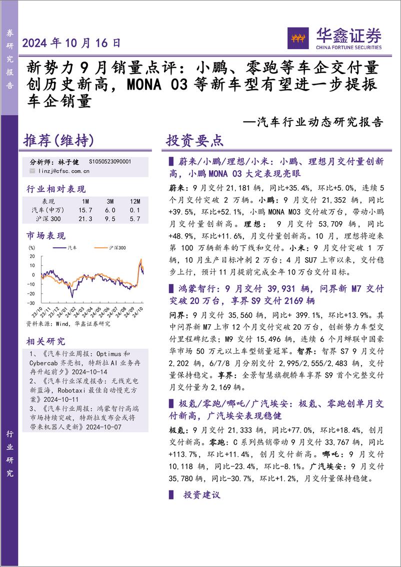 《汽车行业动态研究报告-新势力9月销量点评：小鹏、零跑等车企交付量创历史新高，MONA＋03等新车型有望进一步提振车企销量-241016-华鑫证券-18页》 - 第1页预览图