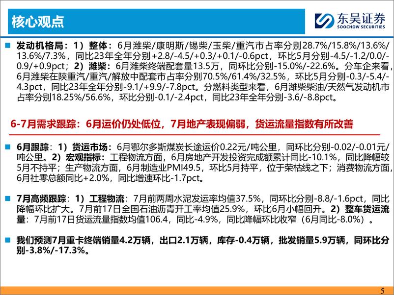 《重卡行业6月跟踪月报：终端需求平淡，新能源表现亮眼-240722-东吴证券-33页》 - 第5页预览图