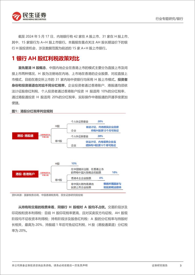 《银行业红利系列之一：银行AH股高溢价，掘金H股高股息-240518-民生证券-19页》 - 第3页预览图