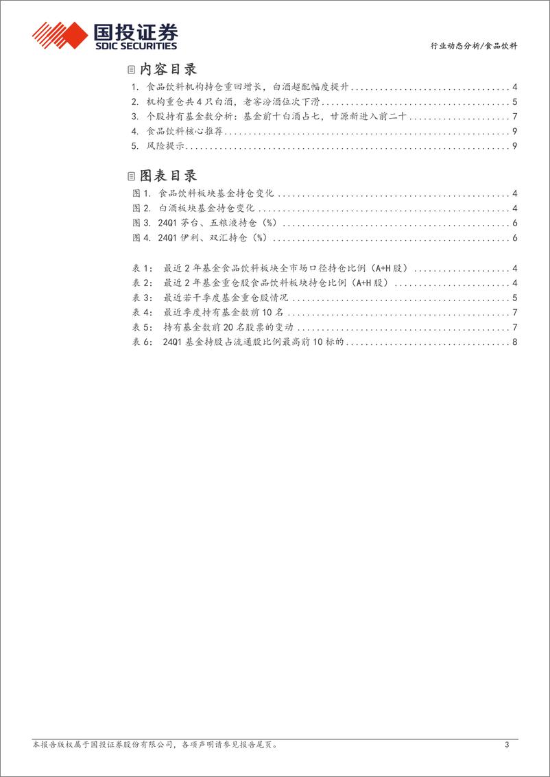 《食品饮料行业24Q1基金持仓分析：板块持仓增长，白酒超配幅度扩大，大众品龙头获青睐-240424-国投证券-11页》 - 第3页预览图