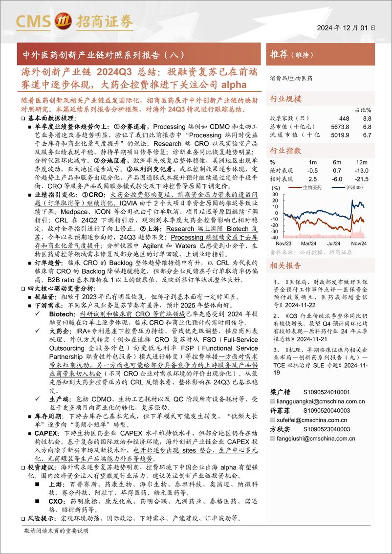 《中外医药行业创新产业链对照系列报告(八)：海外创新产业链2024Q3总结，投融资复苏已在前端＋赛道中逐步体现，大药企控费推进下关注公司alpha-241201-招商证券-14页》 - 第1页预览图