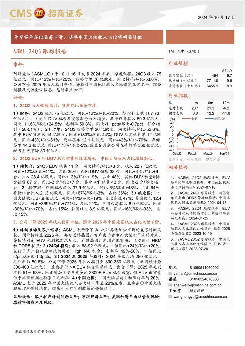 《电子行业ASML＋24Q3跟踪报告：单季签单环比显著下滑，明年中国大陆收入占比将明显降低-241017-招商证券-10页》 - 第1页预览图