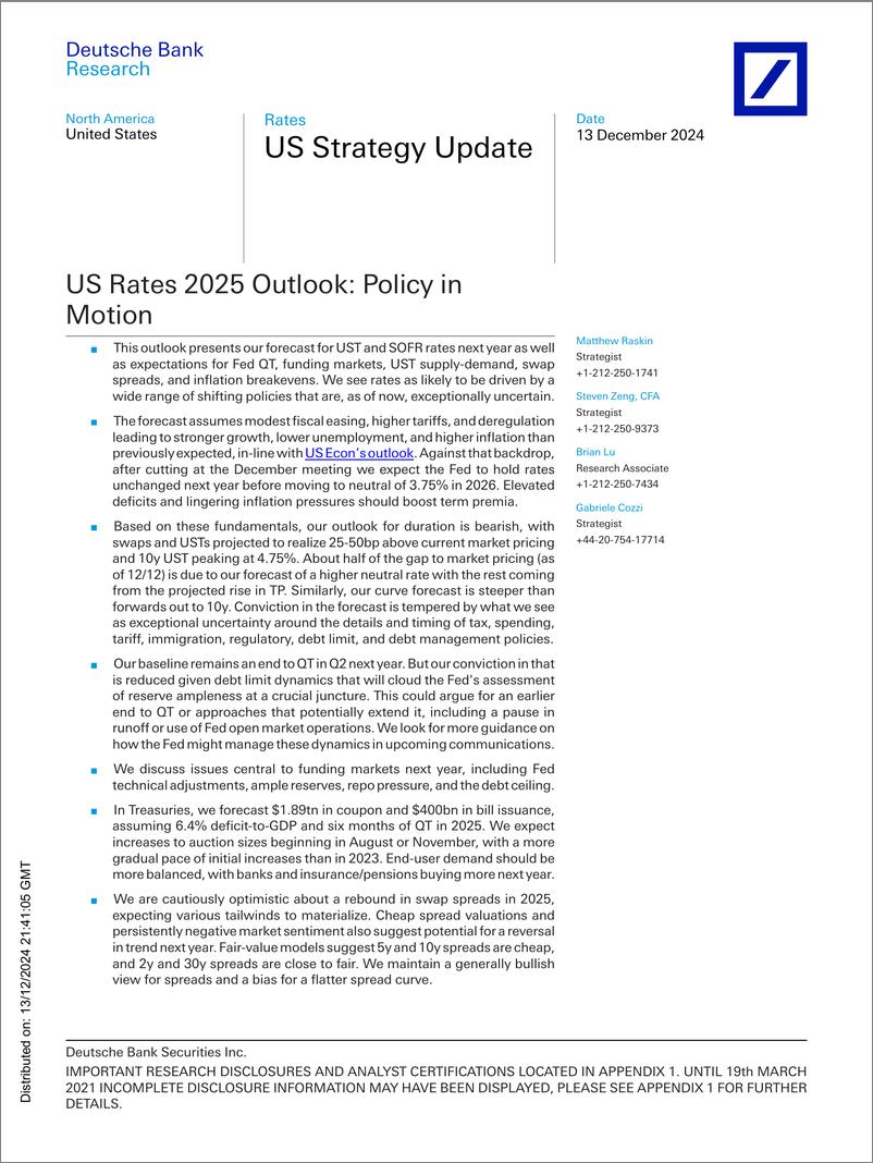 《Deutsche Bank-US Strategy Update US Rates 2025 Outlook Policy in Motion-112203336》 - 第1页预览图