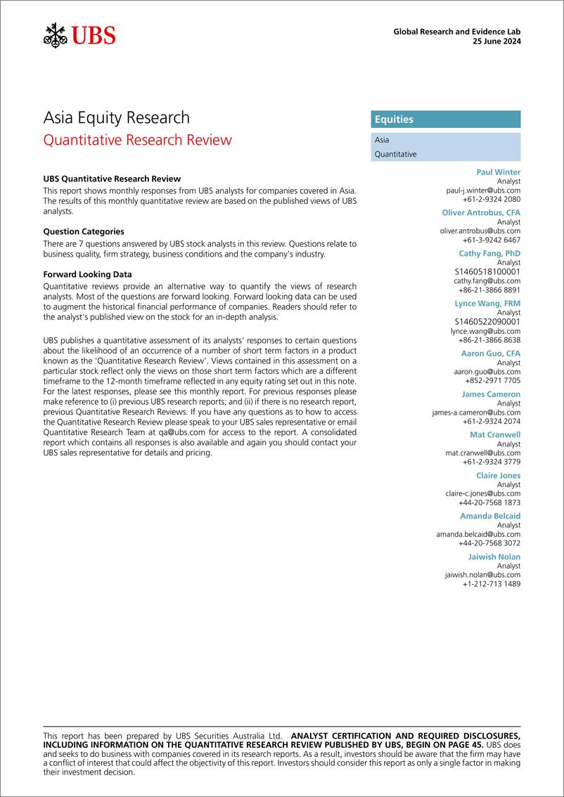 《UBS Equities-Asia Equity Research _Quantitative Research Review_ Winter-108848622》 - 第1页预览图