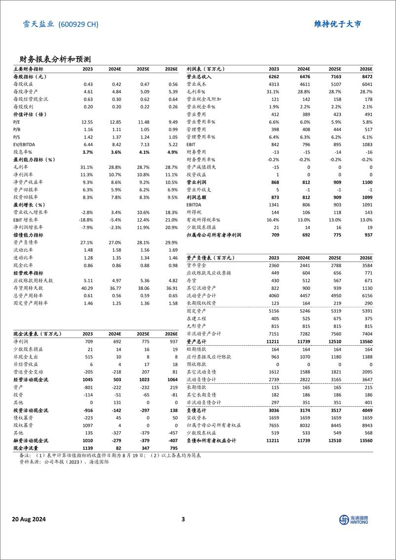 《雪天盐业(600929)24H1扣非净利润同比降14.3%25，食用盐及盐化工产品销量同比增加-240820-海通国际-12页》 - 第3页预览图