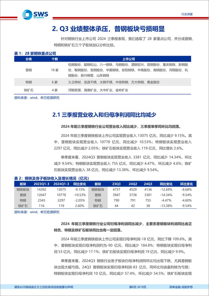 《钢铁行业2024年三季报回顾：行业景气触底，关注Q4盈利修复-241115-申万宏源-19页》 - 第8页预览图