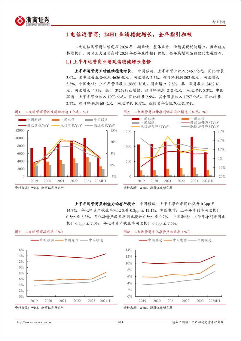 《通信行业电信运营商业绩综述专题报告-运营商24年中报总结：业绩稳健增长，派息明显提升-240904-浙商证券-14页》 - 第5页预览图