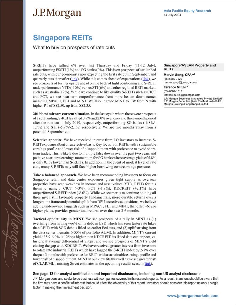 《JPMorgan-Singapore REITs What to buy on prospects of rate cuts-109213982》 - 第1页预览图