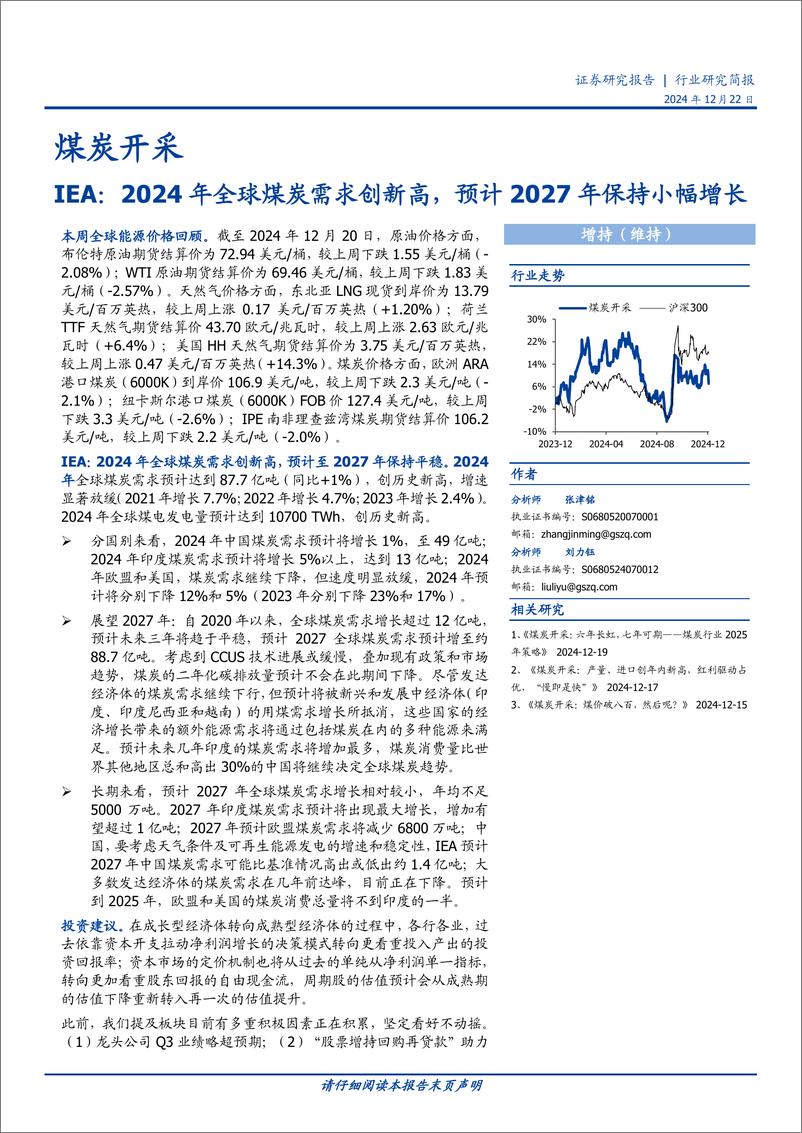 《煤炭开采行业研究简报-IEA：2024年全球煤炭需求创新高，预计2027年保持小幅增长-241222-国盛证券-12页》 - 第1页预览图