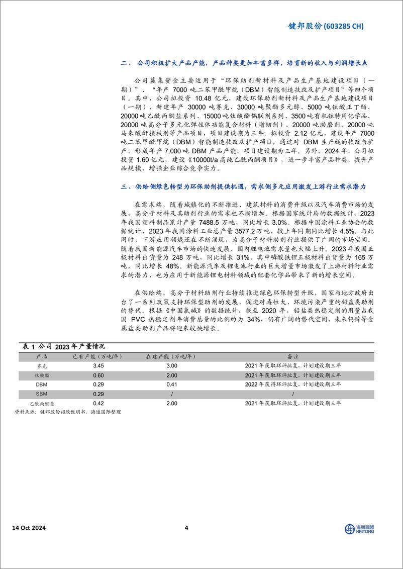 《键邦股份(603285)高分子材料环保助剂龙头，积极扩产赛克等产品带来高速增长-241014-海通国际-13页》 - 第4页预览图