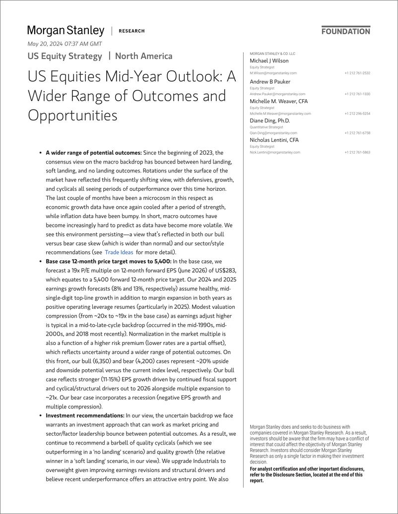 《Morgan Stanley-US Equity Strategy US Equities Mid-Year Outlook A Wider Ra》 - 第1页预览图