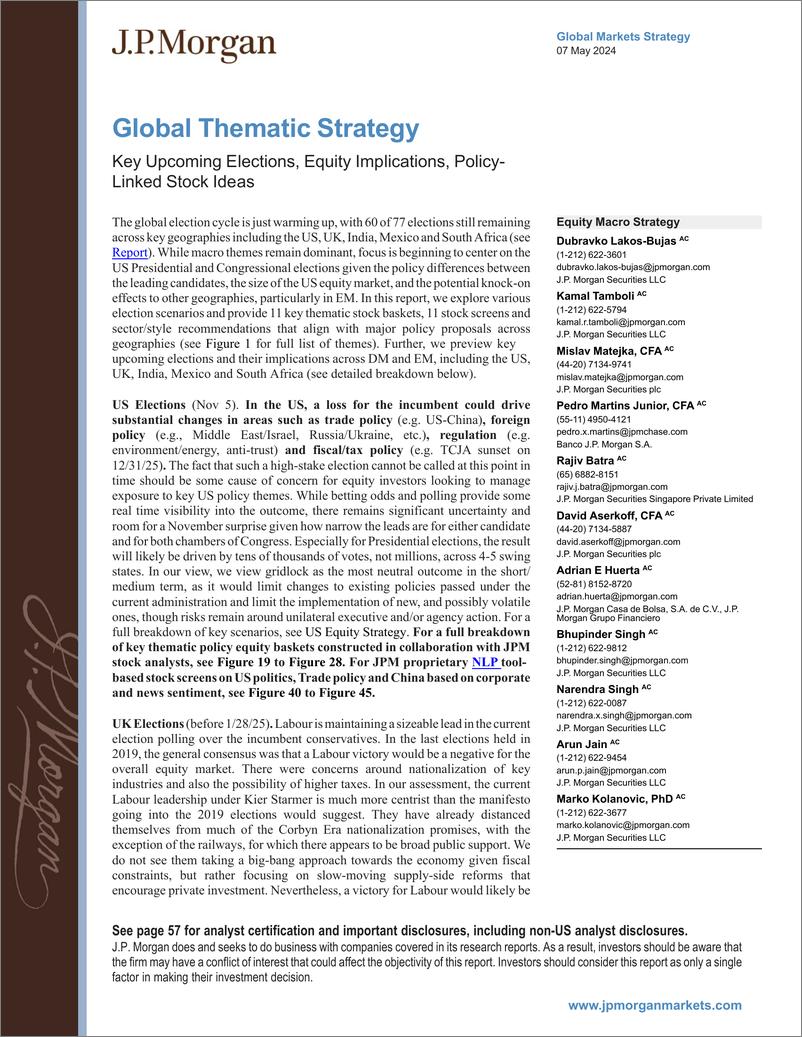 《JPMorgan-Global Thematic Strategy Key Upcoming Elections, Equity Impl...-108088602》 - 第1页预览图