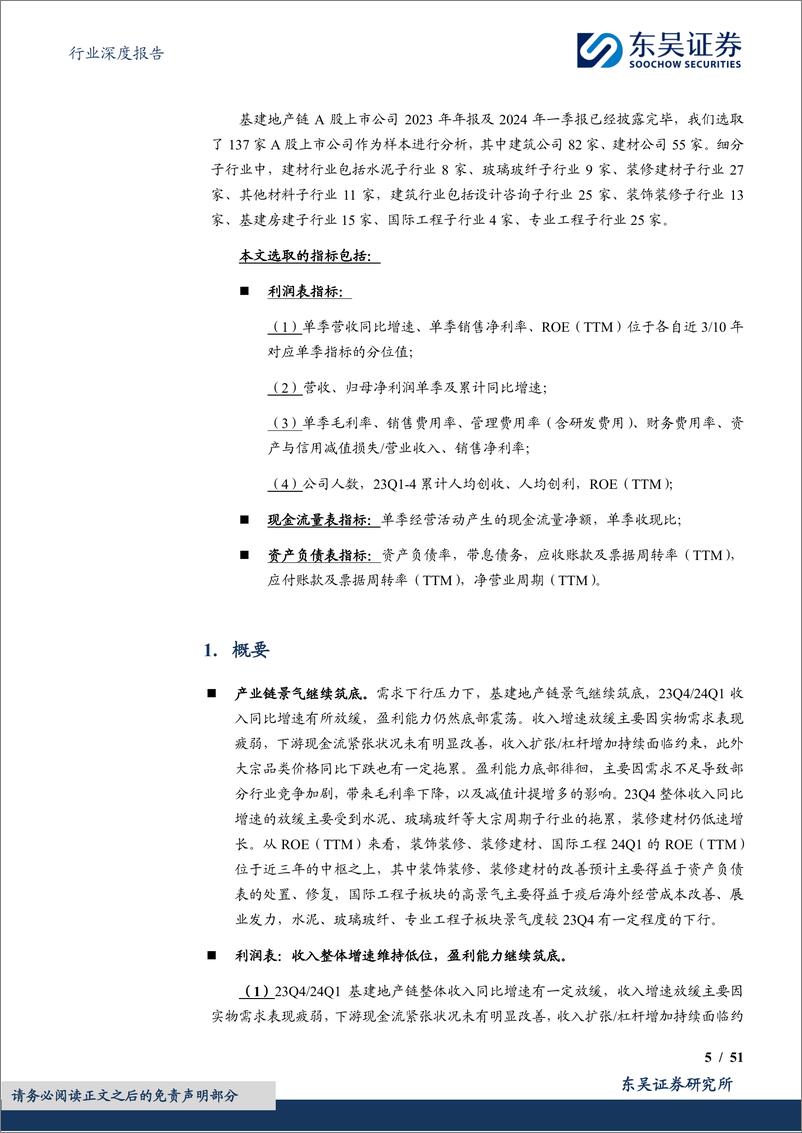 《建筑材料行业深度报告：基建地产链2023年报%262024年一季报总结，景气继续筑底，估值底部区间，关注结构亮点-240511-东吴证券-51页》 - 第5页预览图