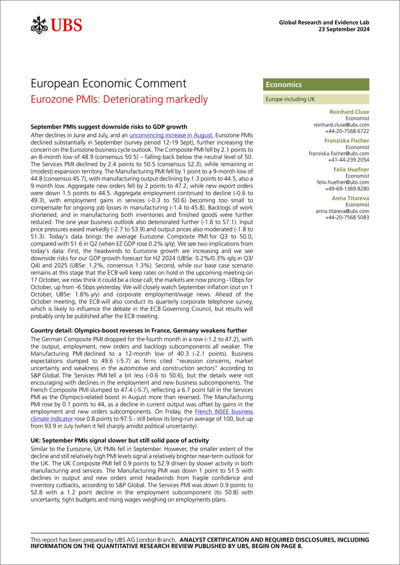 《UBS Economics-European Economic Comment _Eurozone PMIs Deteriorating mark...-110433031》 - 第1页预览图