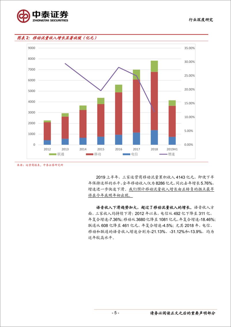 《通信行业三大运营商2019年中报分析：流量收入接近拐点，5开启改革预期-20190824-中泰证券-15页》 - 第6页预览图