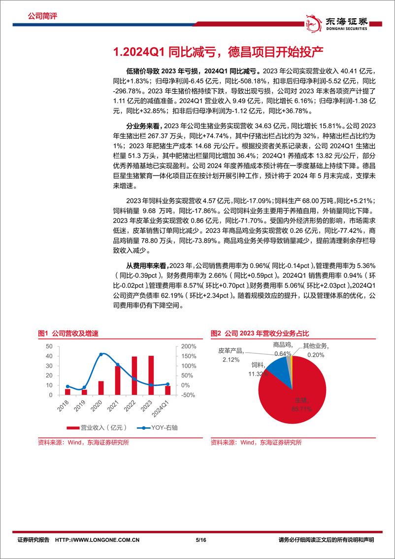 《巨星农牧-603477.SH-公司简评报告：出栏量快速增长，成本保持优势-20240519-东海证券-16页》 - 第5页预览图